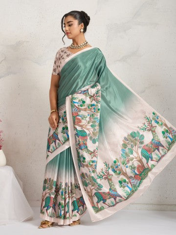 Grey Floral Printed Satin Party Wear Saree