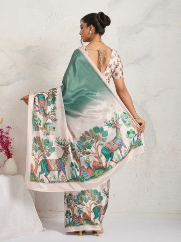 Grey Floral Printed Satin Party Wear Saree