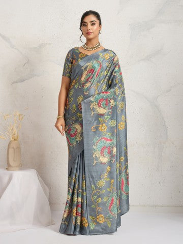 Grey Ethnic Motifs Printed Satin Designer Saree