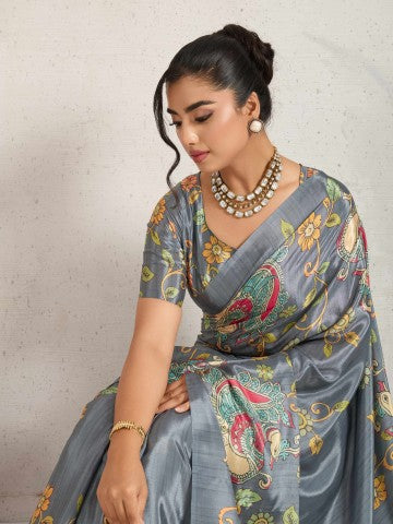 Grey Ethnic Motifs Printed Satin Designer Saree