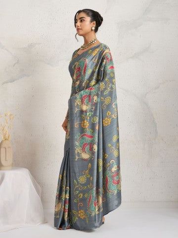 Grey Ethnic Motifs Printed Satin Designer Saree