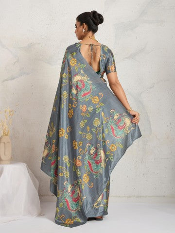 Grey Ethnic Motifs Printed Satin Designer Saree