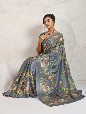 Grey Ethnic Motifs Printed Satin Designer Saree