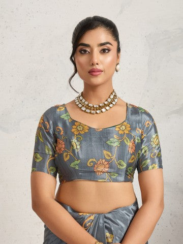 Grey Ethnic Motifs Printed Satin Designer Saree