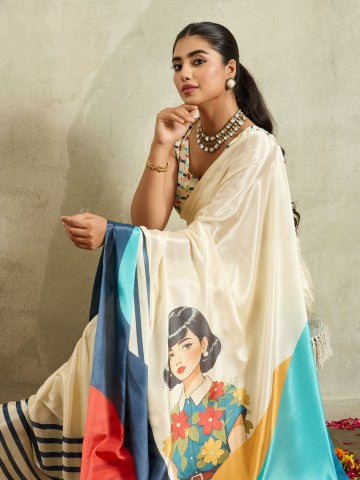 Cream Abstract Printed Satin Ready to Wear Saree