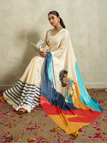 Off White Floral Printed Satin Party Wear Designer Saree