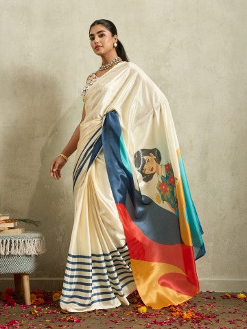 Off White Floral Printed Satin Party Wear Designer Saree