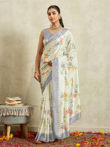Off White Floral Embellished Satin Party Wear Saree