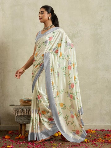 Off White Floral Embellished Satin Party Wear Saree