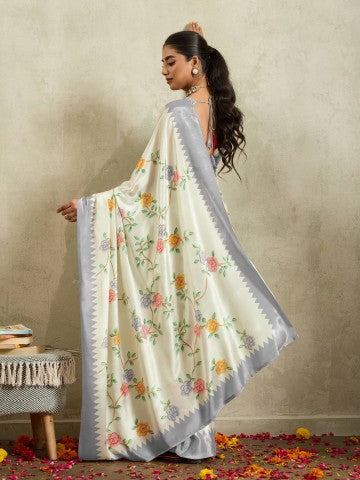 Off White Floral Embellished Satin Party Wear Saree