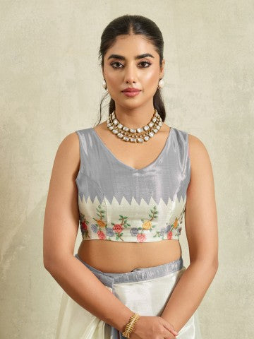 Off White Floral Embellished Satin Party Wear Saree