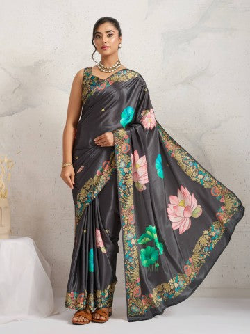 Grey Floral Printed Satin Party Wear Designer Saree
