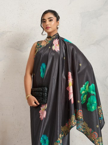 Grey Floral Printed Satin Party Wear Designer Saree
