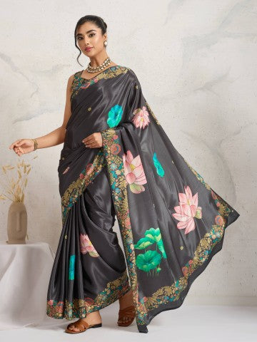 Grey Floral Printed Satin Party Wear Designer Saree