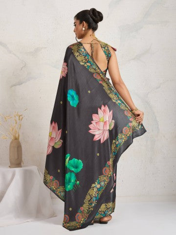 Grey Floral Printed Satin Party Wear Designer Saree