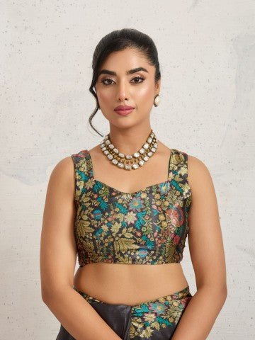Grey Floral Printed Satin Party Wear Designer Saree