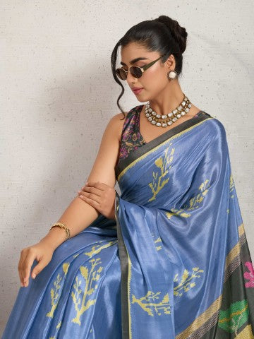 Blue Floral Printed Satin Party Wear Designer Saree