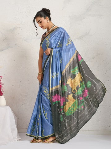 Blue Floral Printed Satin Party Wear Designer Saree