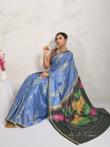 Blue Floral Printed Satin Party Wear Designer Saree