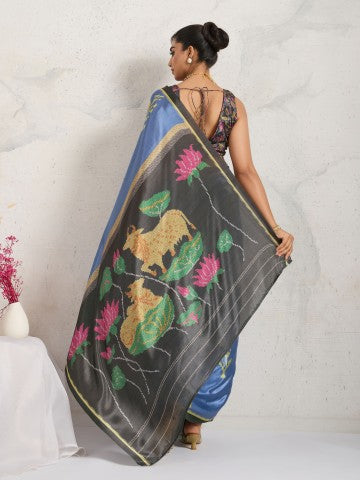 Blue Floral Printed Satin Party Wear Designer Saree