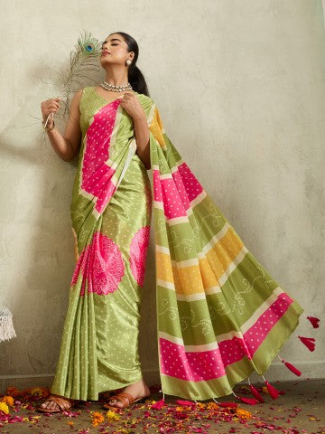 Green Bandhani Printed Satin Party Wear Designer Saree
