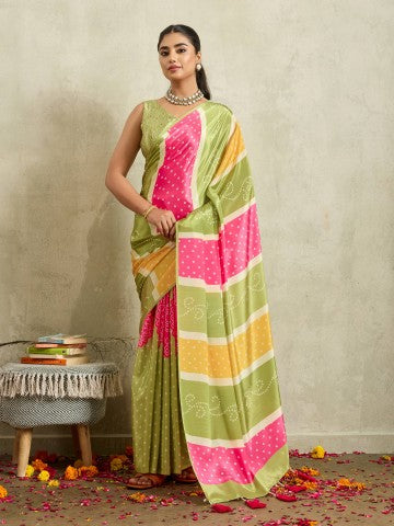 Green Bandhani Printed Satin Party Wear Designer Saree