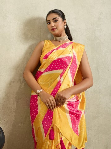 Yellow & Pink Bandhani Printed Satin Party Wear Saree
