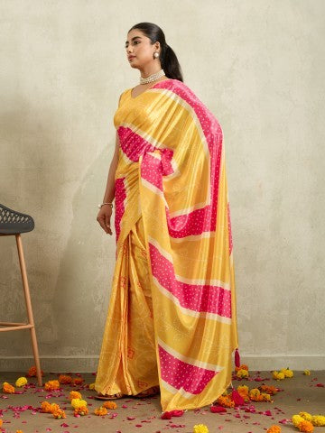Yellow & Pink Bandhani Printed Satin Party Wear Saree