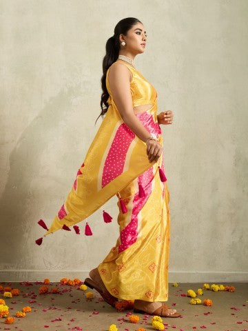 Yellow & Pink Bandhani Printed Satin Party Wear Saree