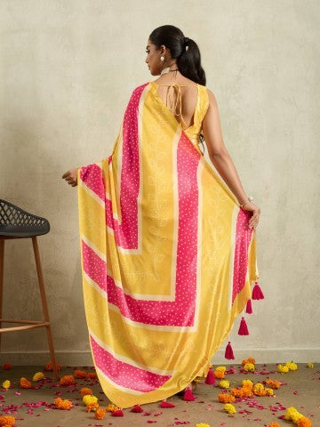 Yellow & Pink Bandhani Printed Satin Party Wear Saree