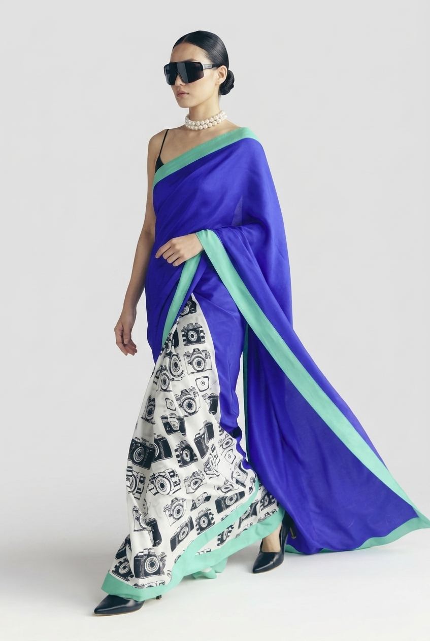 Blue Abstract Printed Satin Ready To Wear Saree