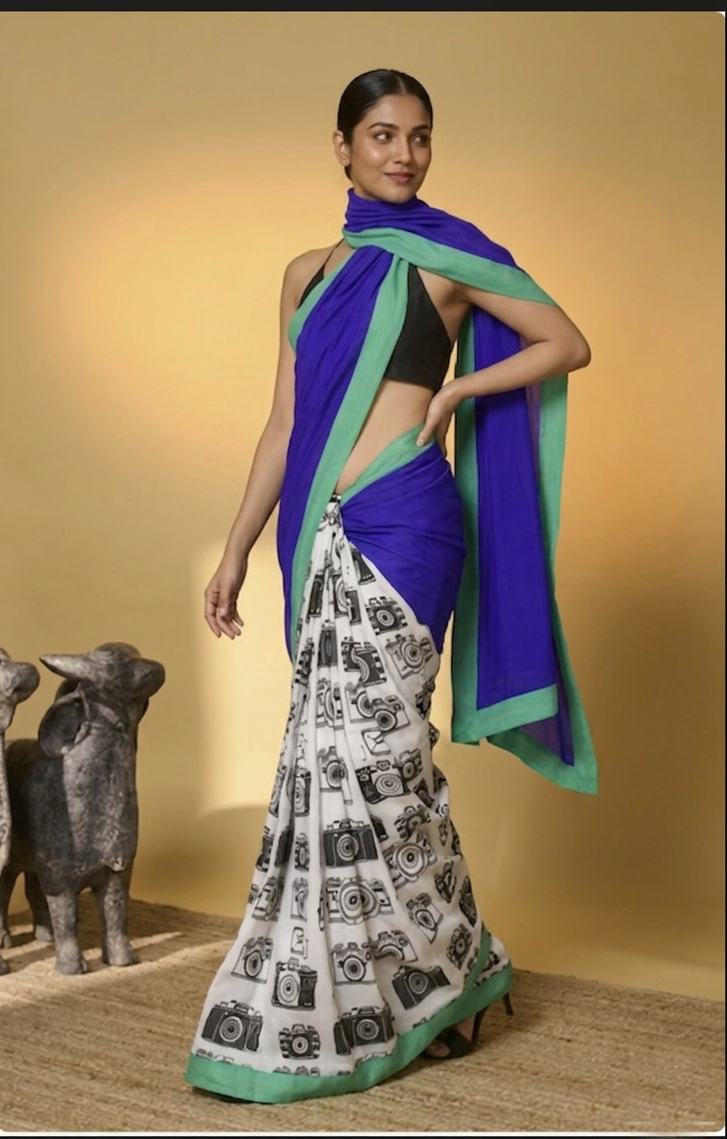 Blue Abstract Printed Satin Ready To Wear Saree