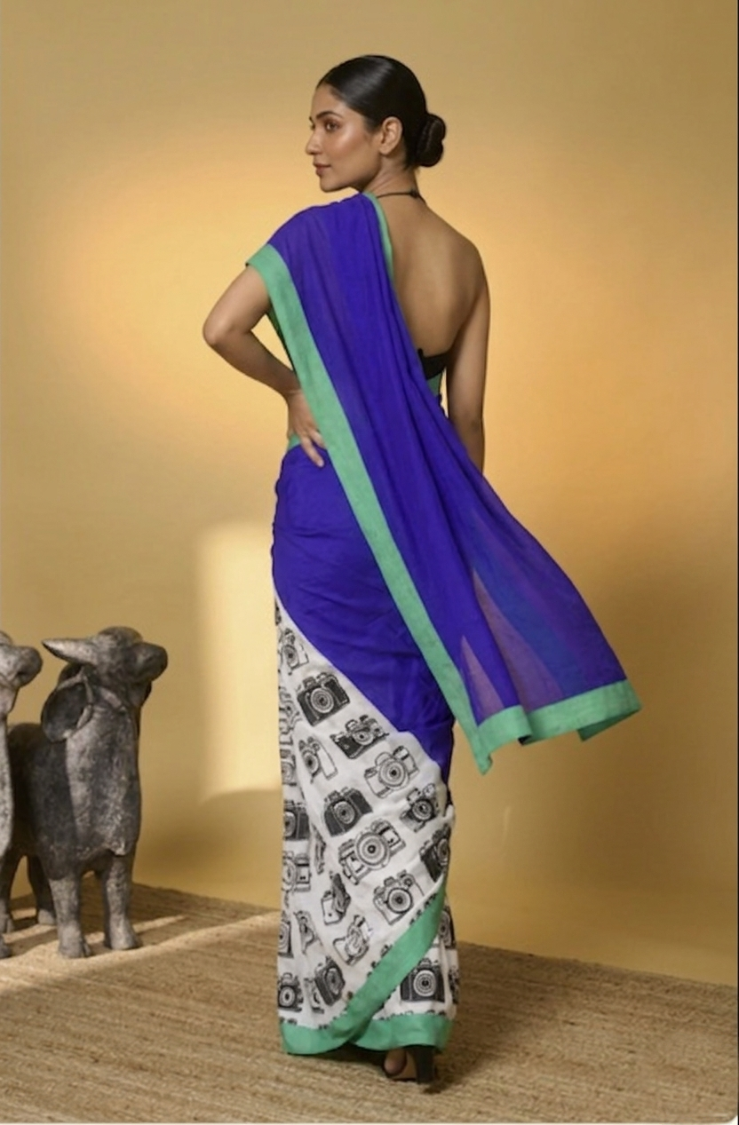 Blue Abstract Printed Satin Ready To Wear Saree