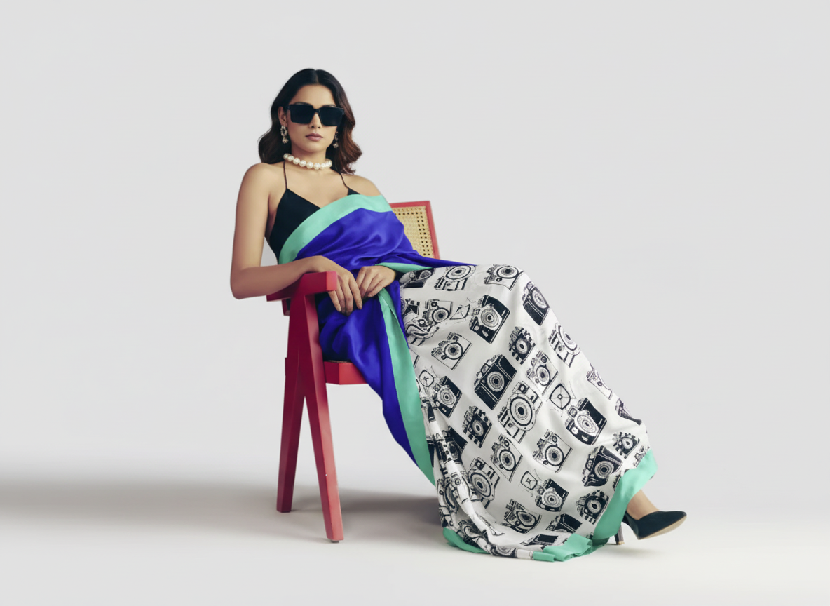 Blue Abstract Printed Satin Ready To Wear Saree
