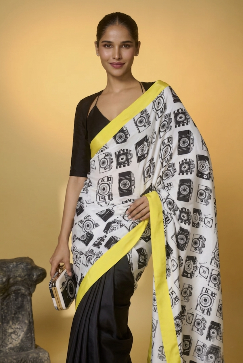 Yellow Abstract Printed Satin Ready To Wear Saree