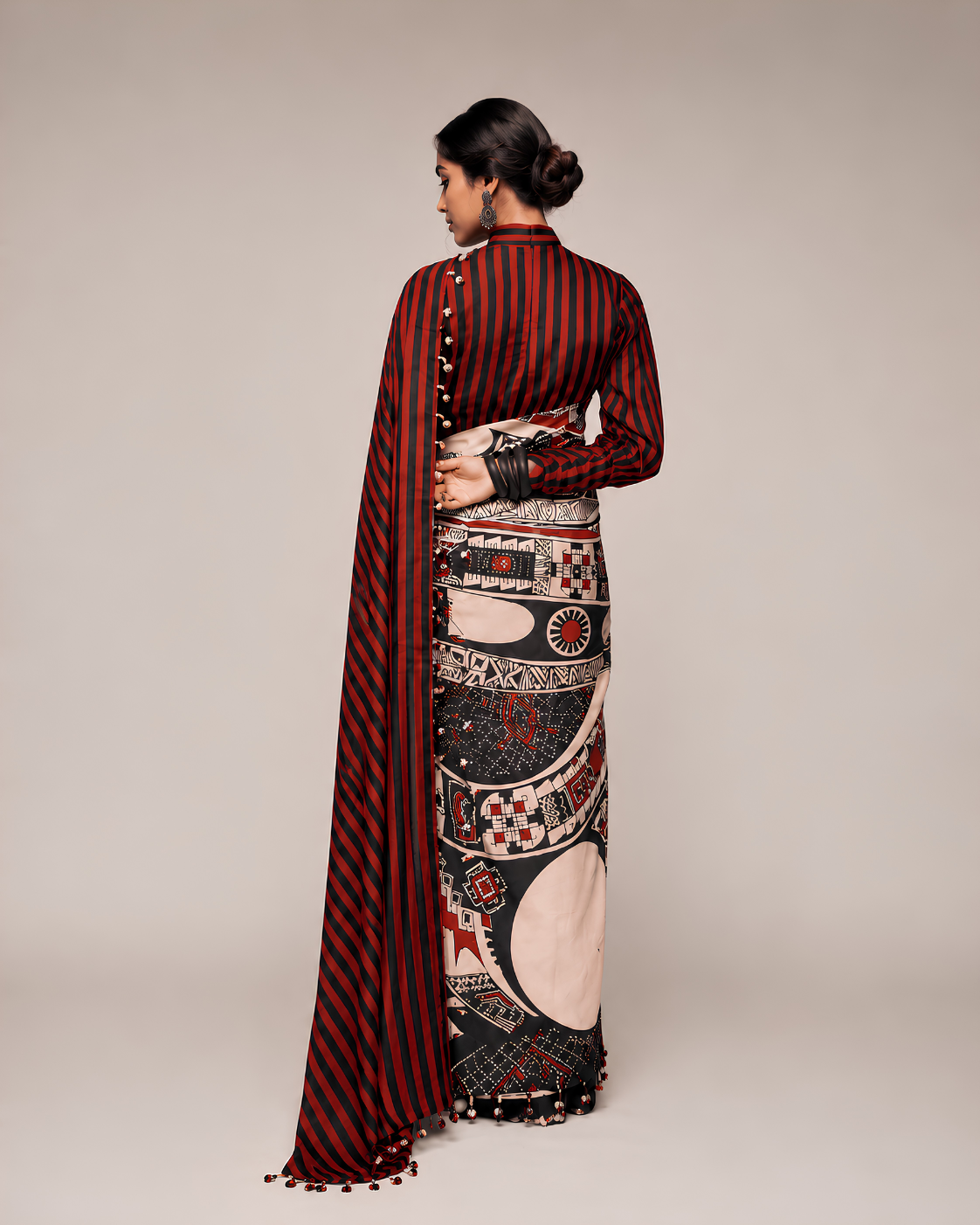 Black Abstract Printed Satin Ready To Wear Saree