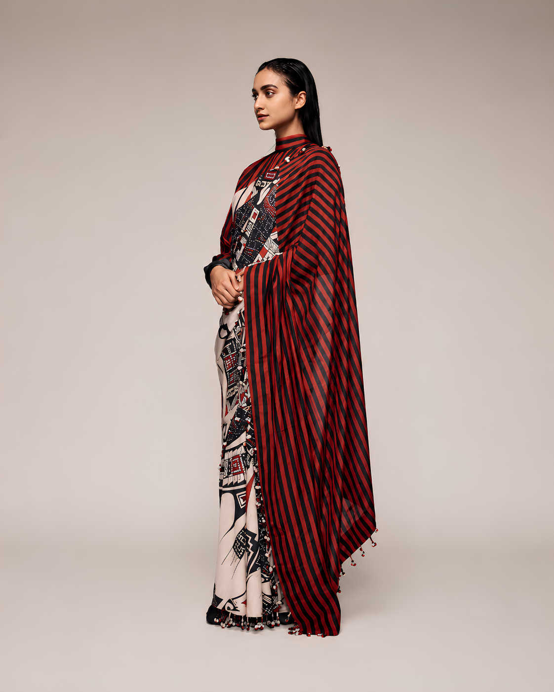 Black Abstract Printed Satin Ready To Wear Saree