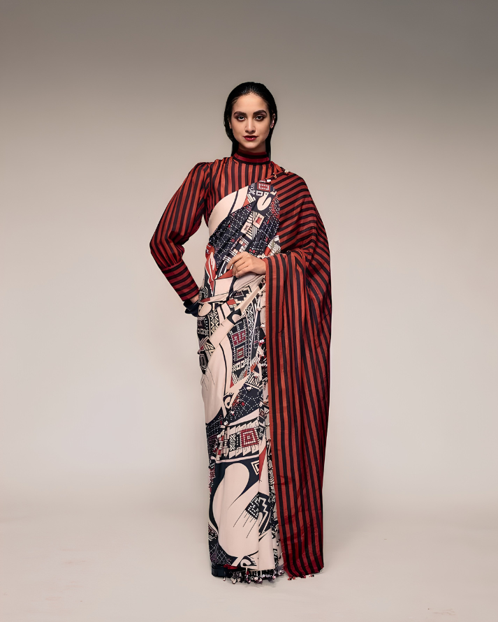 Black Abstract Printed Satin Ready To Wear Saree