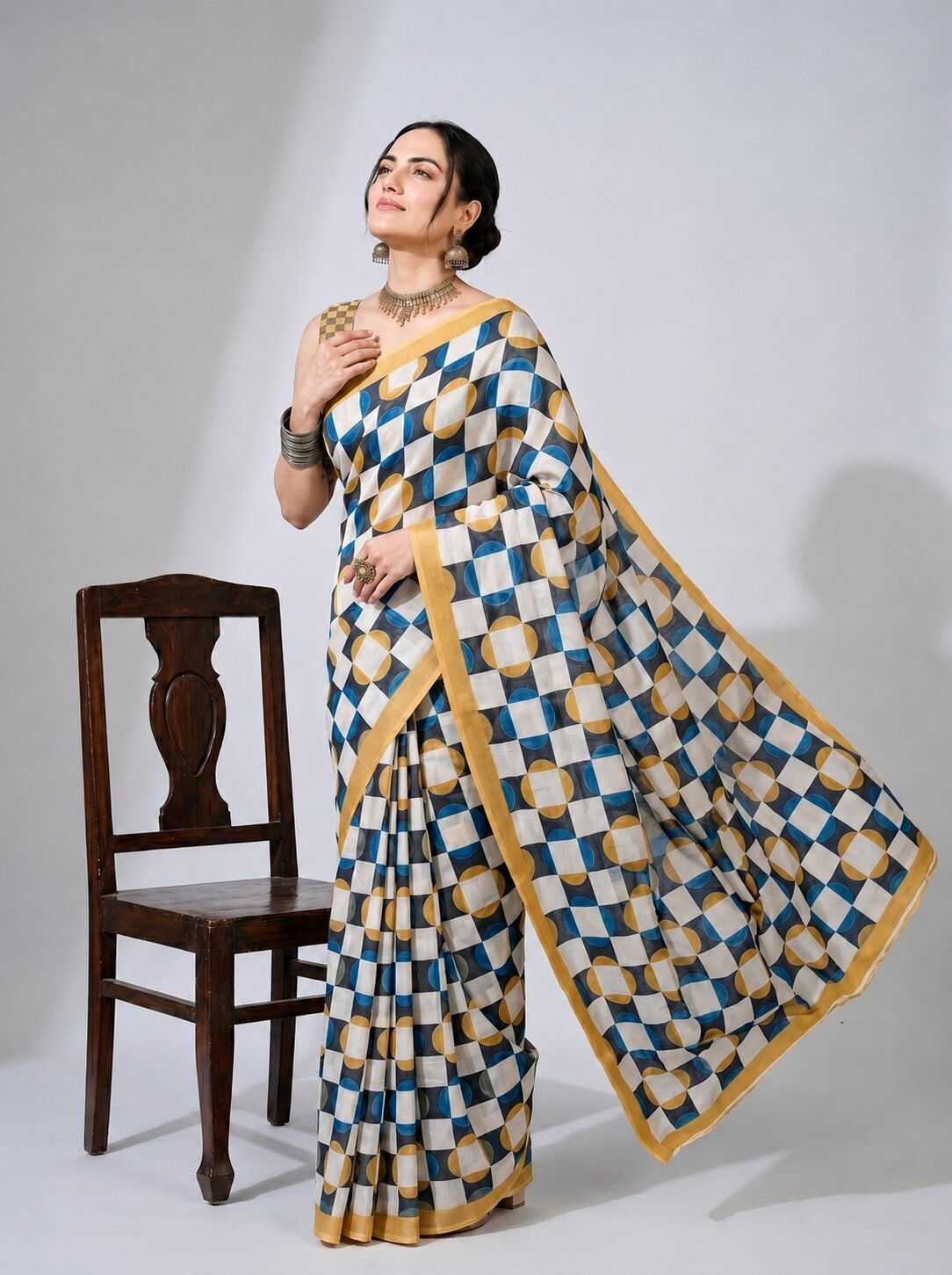 Off White Geometric Printed Satin Ready To Wear Saree