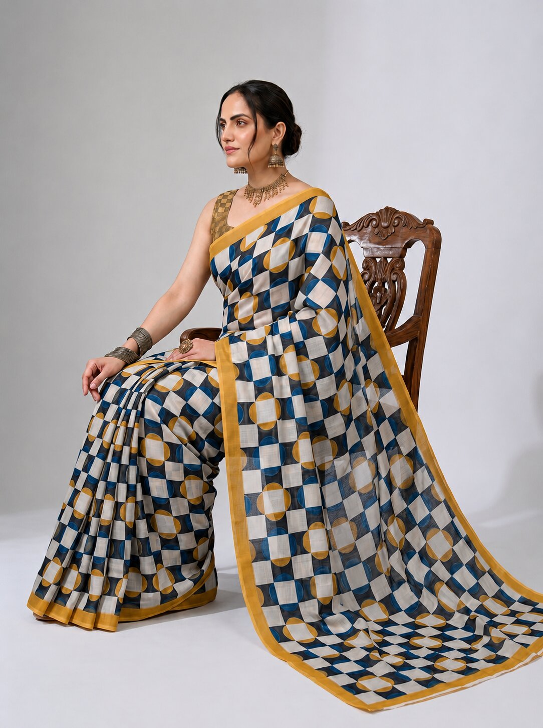 Off White Geometric Printed Satin Ready To Wear Saree