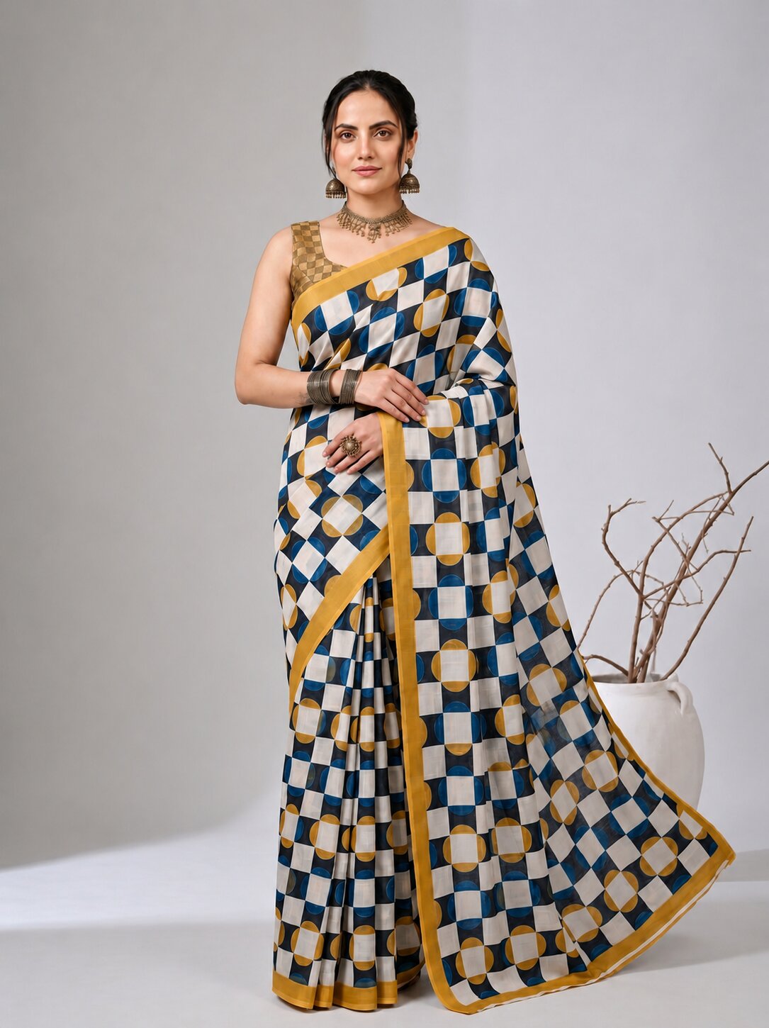 Off White Geometric Printed Satin Ready To Wear Saree