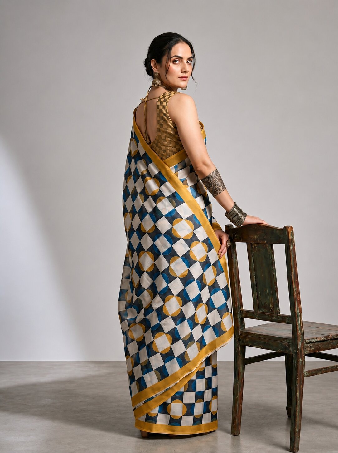 Off White Geometric Printed Satin Ready To Wear Saree
