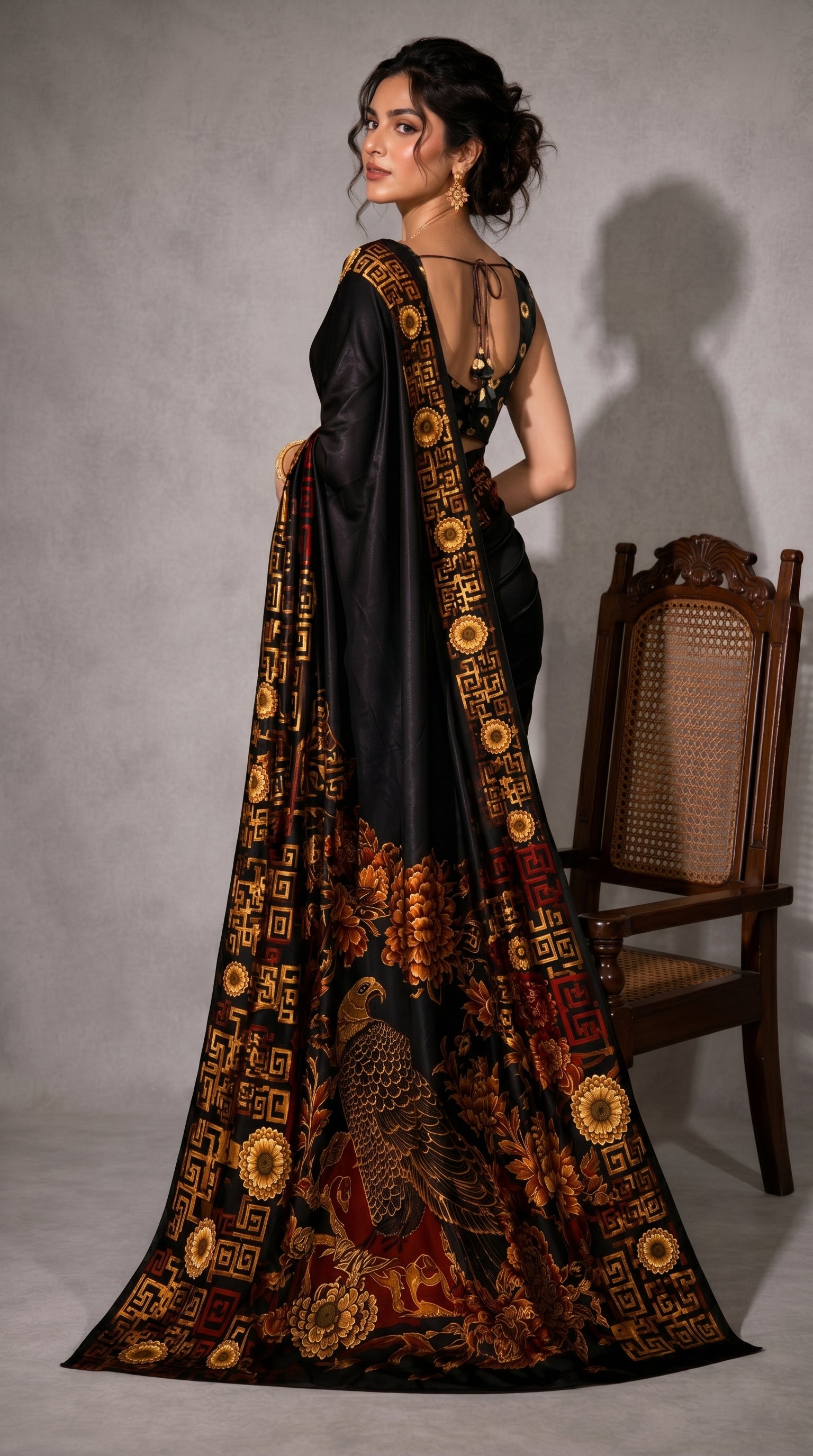 Black Geometric Printed Satin Ready To Wear Saree