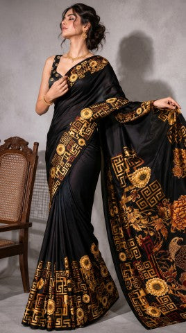 Black Color Geometric Printed Satin Ready to Wear Saree