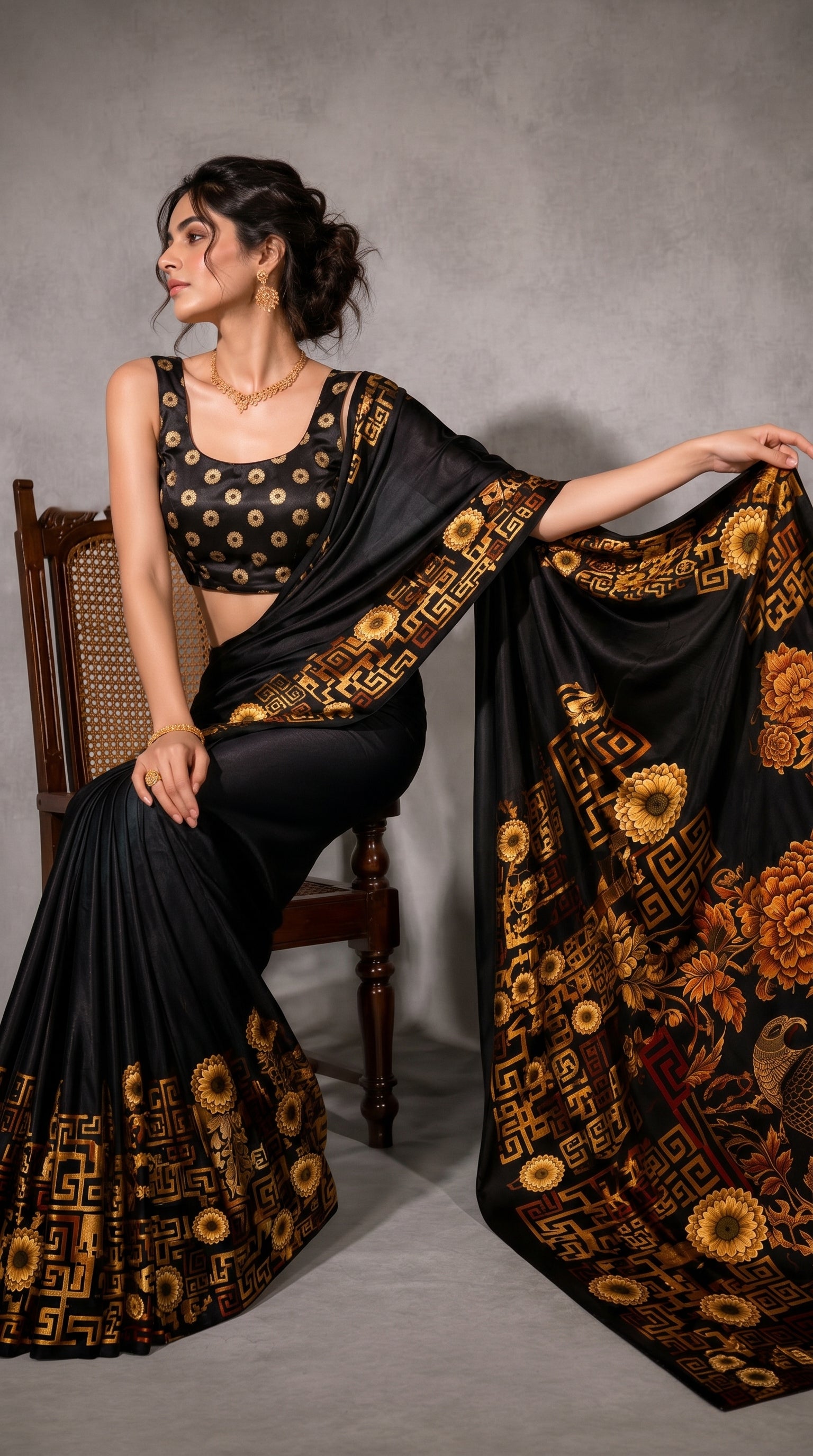 Black Geometric Printed Satin Ready To Wear Saree