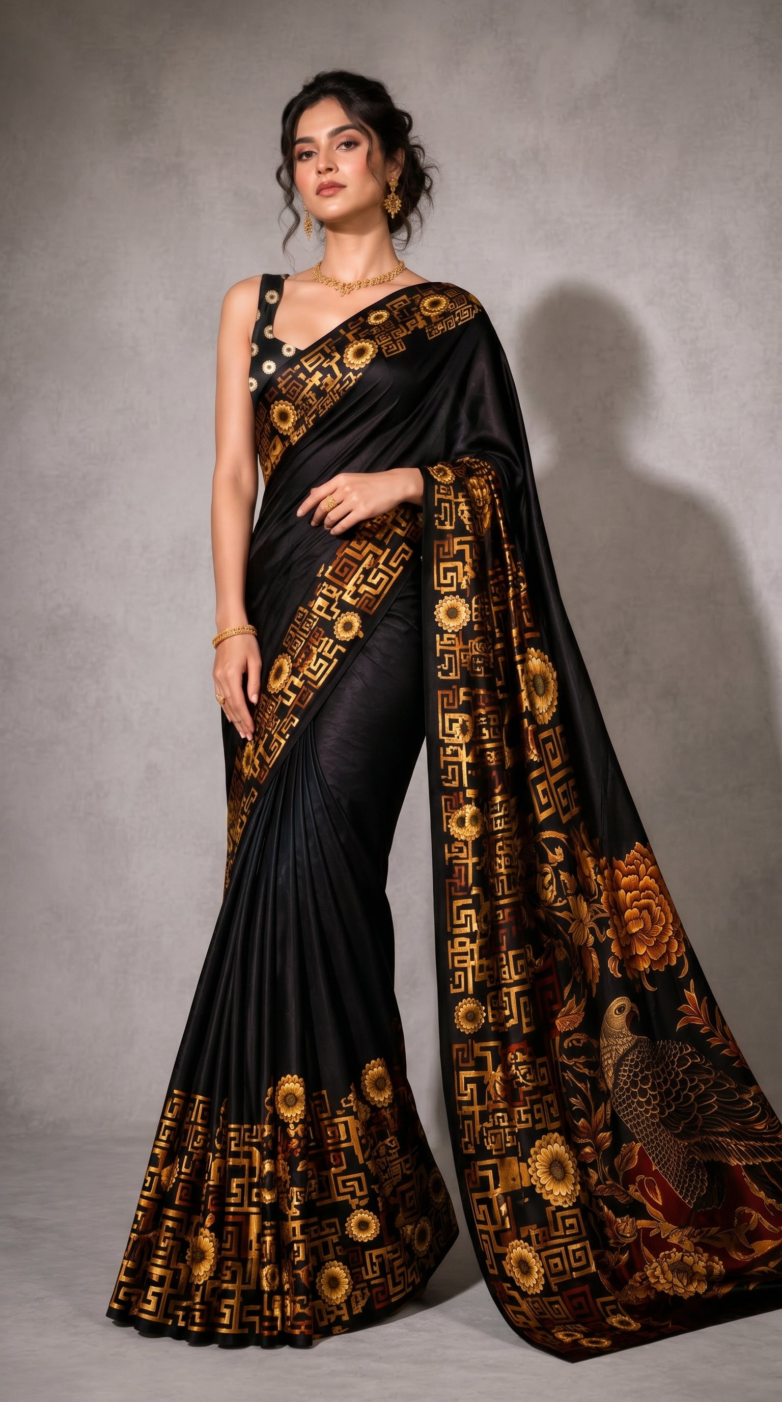 Black Geometric Printed Satin Ready To Wear Saree