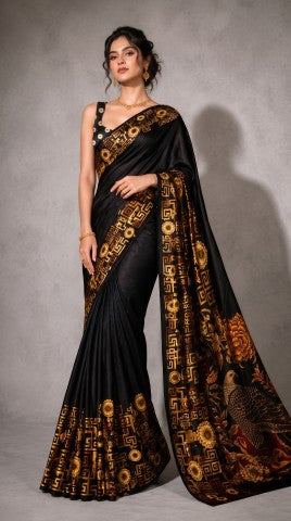 Black Color Geometric Printed Satin Ready to Wear Saree