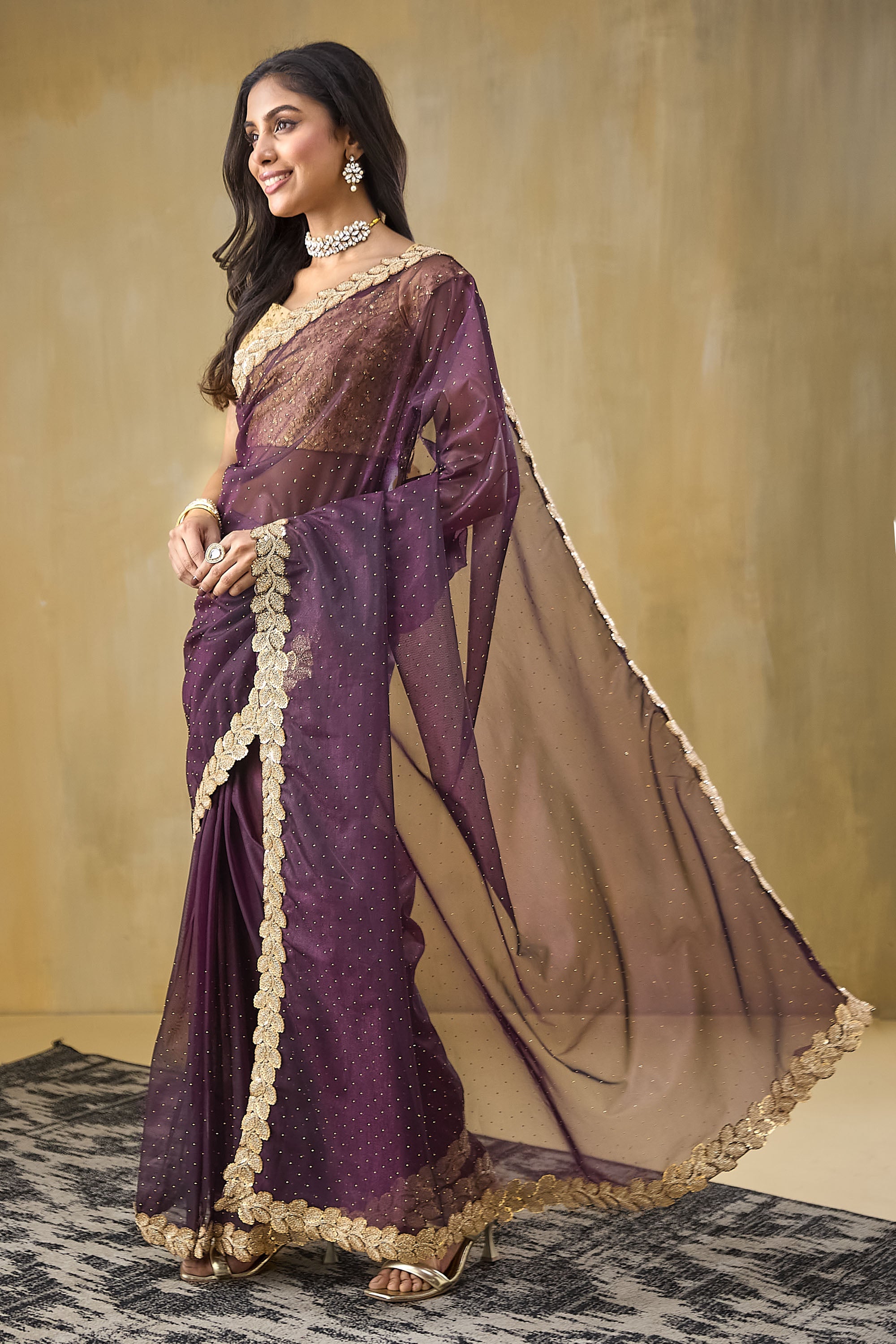 Embellished Lace Border Swarovski Ready To Wear Saree