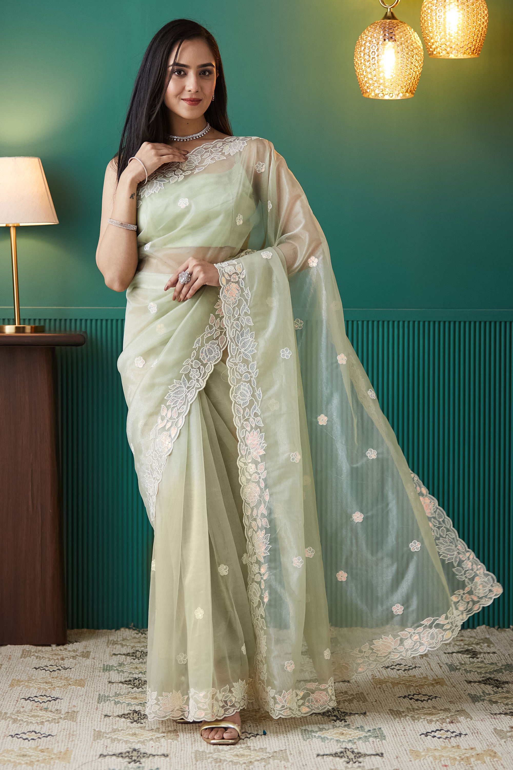Gold Infused Embroidered Work Ready To Wear Saree