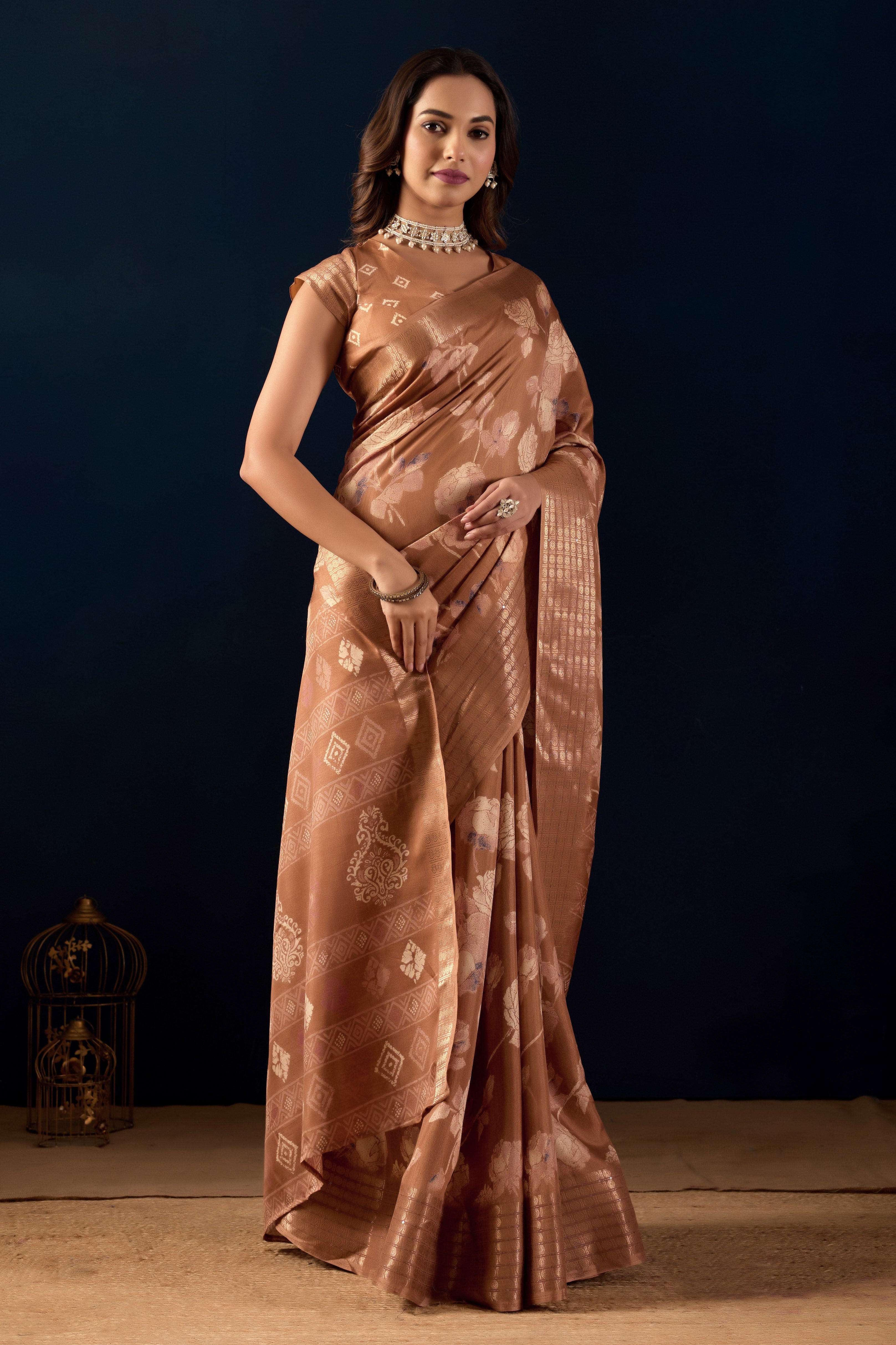 Brown Color Silk Cotton Floral Woven Design Ready to Wear Saree